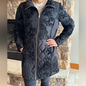 Chico’s light quilted jacket. Black with velvet black floral embellishments.